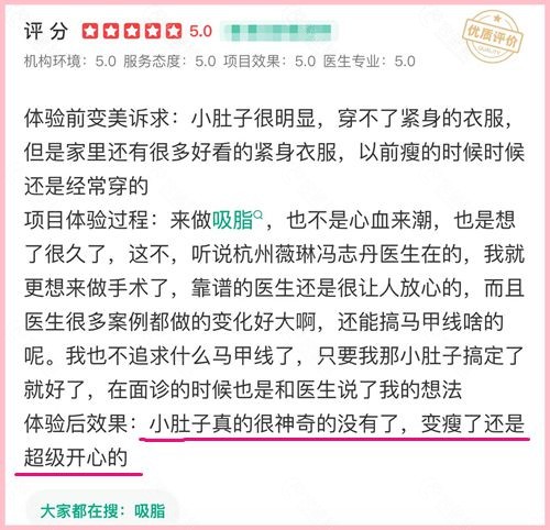 杭州薇琳医疗美容医院冯志丹医生吸脂减肥真实口碑评价