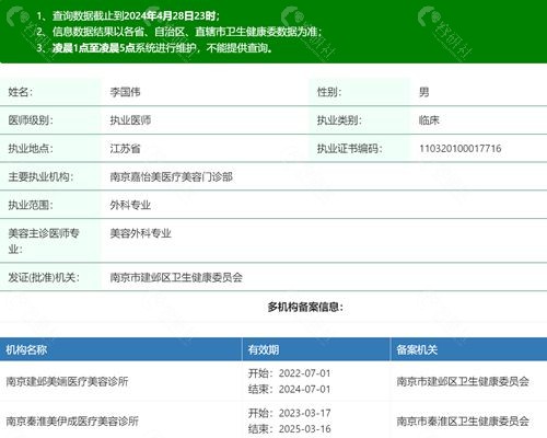 南京嘉怡美医疗美容脂肪瘦脸医生李国伟执业信息