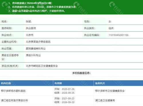北京美莱医疗美容医院张颖医生执业信息